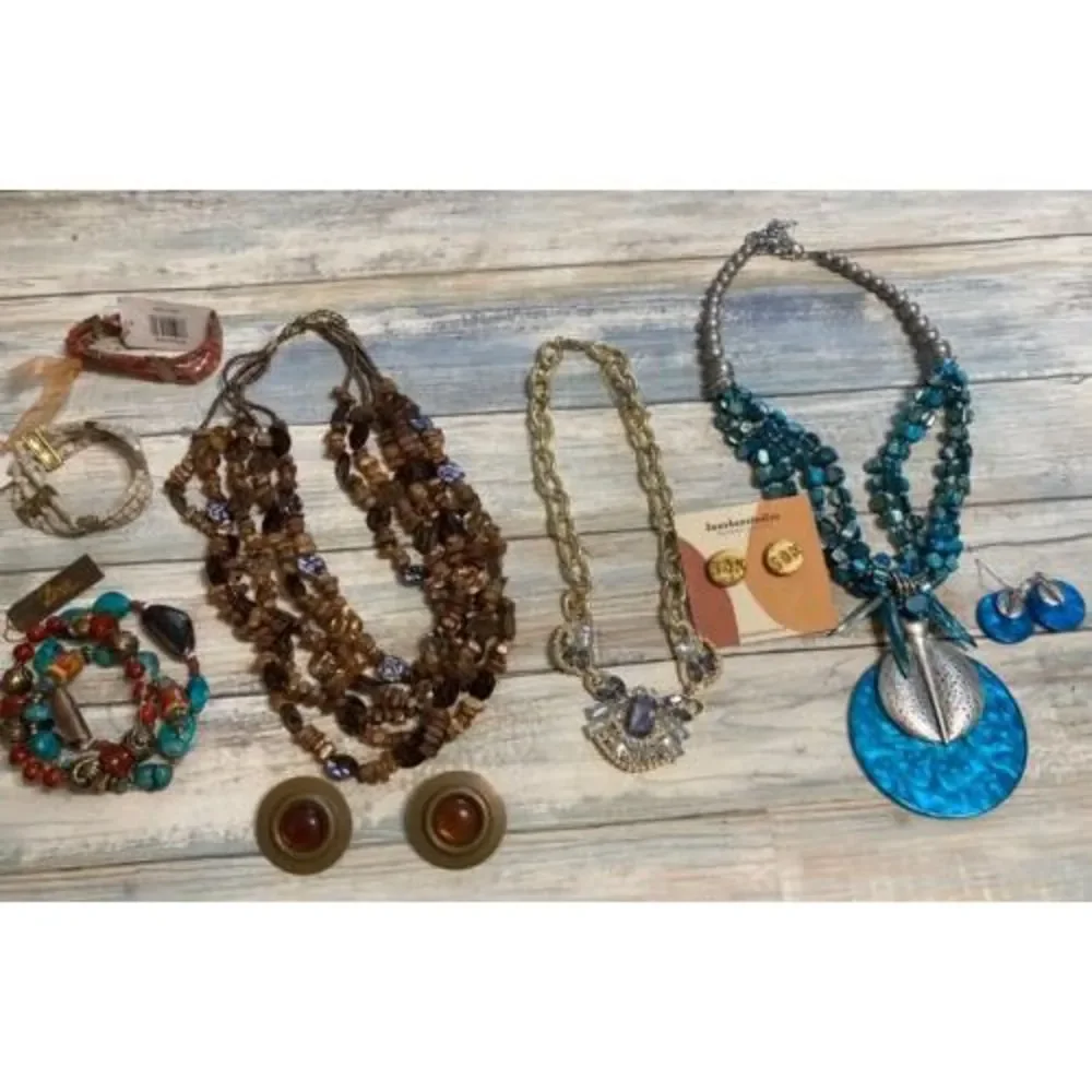 Necklace Earrings Bracelet Jewelry Lot Blue Brown Gold Tone Fashion Costume‎
